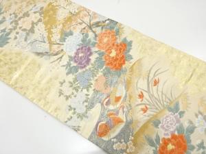鴛鴦に牡丹・菊・椿模様織り出し　袋帯